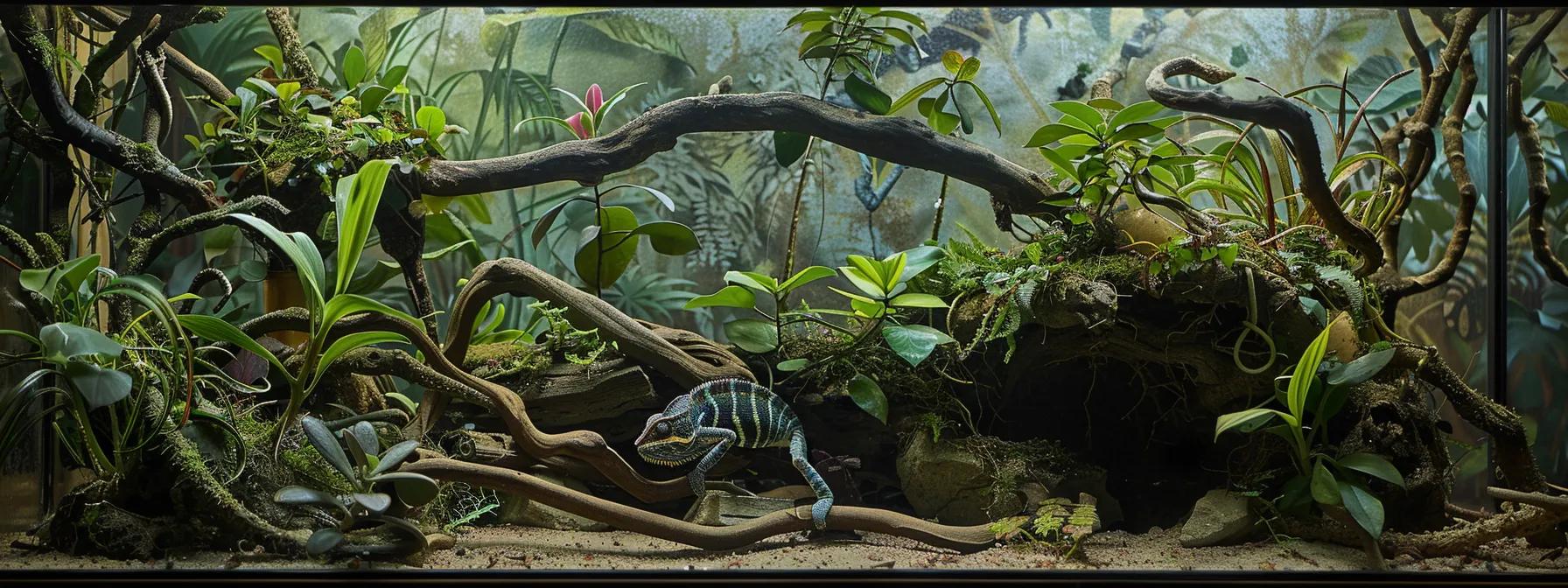 a meticulously arranged breeding habitat for veiled chameleons showcases an intricately designed terrarium filled with naturalistic elements like branches, hides, and controlled humidity settings, capturing the essence of a thriving environment conducive to reproduction. a meticulously arranged breeding habitat for veiled chameleons showcases an intricately designed terrarium filled with naturalistic elements like branches, hides, and controlled humidity settings, capturing the essence of a thriving environment conducive to reproduction.