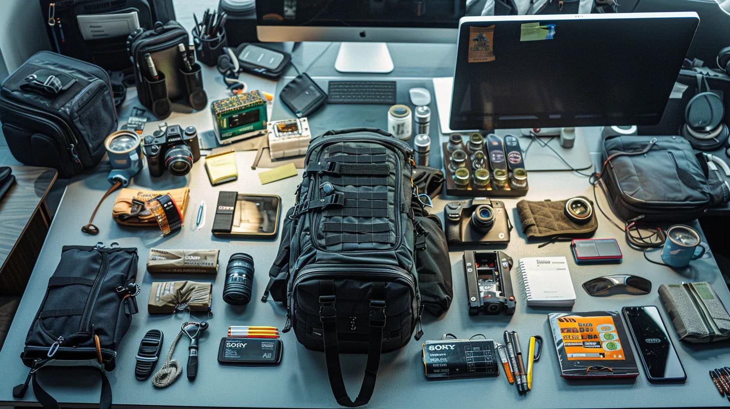a meticulously arranged bug out bag sits prominently on a sleek office desk, surrounded by a diverse array of emergency supplies tailored for urban and wilderness scenarios, bathed in focused, artificial light to emphasize readiness and customization. a meticulously arranged bug out bag sits prominently on a sleek office desk, surrounded by a diverse array of emergency supplies tailored for urban and wilderness scenarios, bathed in focused, artificial light to emphasize readiness and customization.