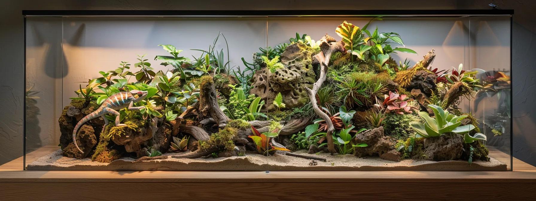 a meticulously arranged chameleon terrarium showcases a variety of textured substrates on a clean, modern display table, with faint ambient lighting highlighting the rich colors and materials that replicate a forest floor habitat. a meticulously arranged chameleon terrarium showcases a variety of textured substrates on a clean, modern display table, with faint ambient lighting highlighting the rich colors and materials that replicate a forest floor habitat.