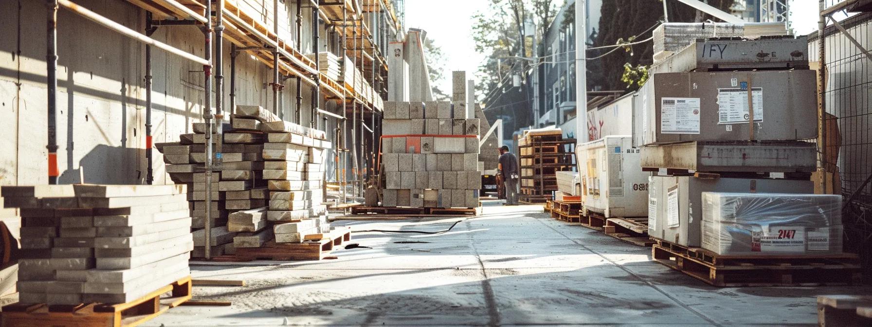 a meticulously arranged construction site features a robust retaining wall made from various materials, showcasing detailed price tags reflecting different installation costs, all under the sharp focus of overhead work lights emphasizing the complexity of the project.