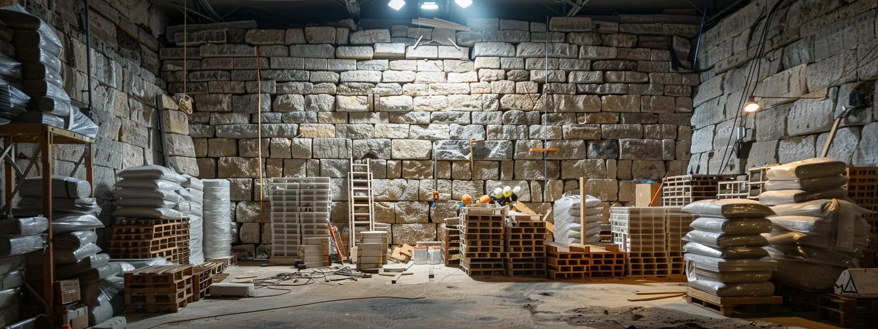 a meticulously arranged construction site showcases various stages of building a stone retaining wall, with neatly stacked stones, tools, and safety equipment prominently displayed under artificial site lighting, emphasizing the structured and methodical approach to the project.