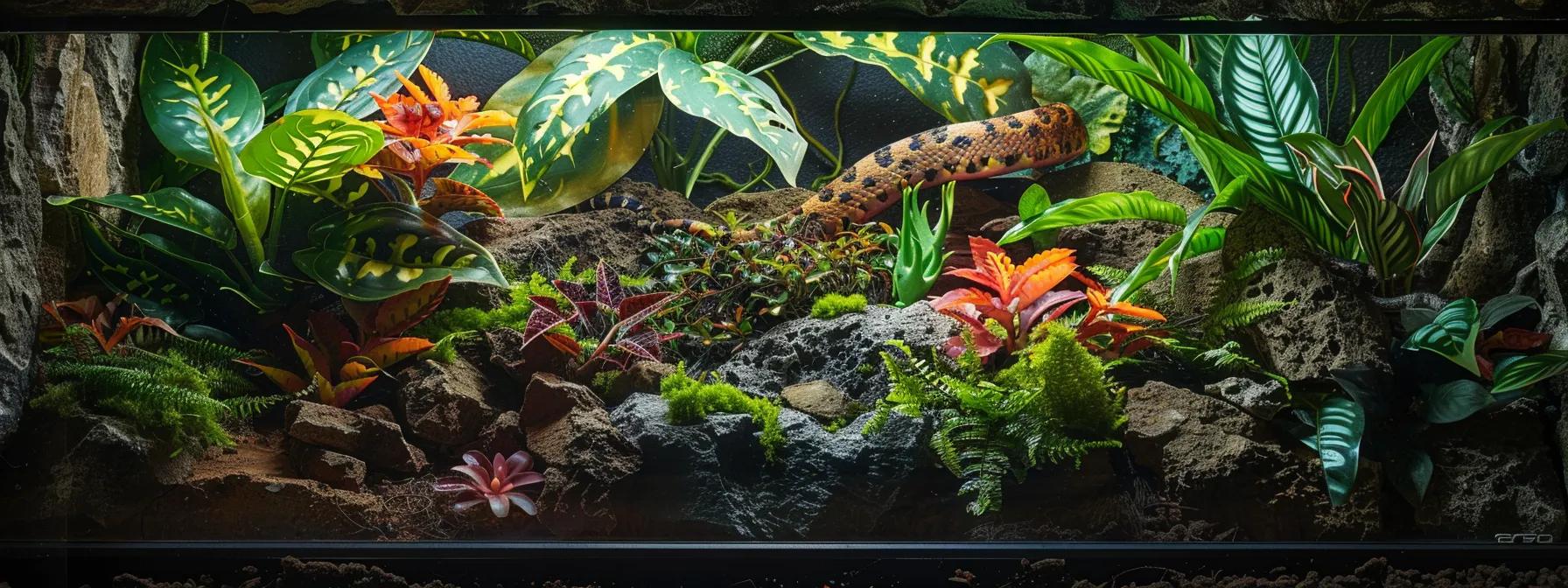 a meticulously arranged corn snake vivarium showcases a vibrant, textured habitat filled with rich natural substrates, carefully placed rocks, and lifelike artificial plants, creating an inviting and dynamic environment that mirrors the snake's native terrain. a meticulously arranged corn snake vivarium showcases a vibrant, textured habitat filled with rich natural substrates, carefully placed rocks, and lifelike artificial plants, creating an inviting and dynamic environment that mirrors the snake's native terrain.