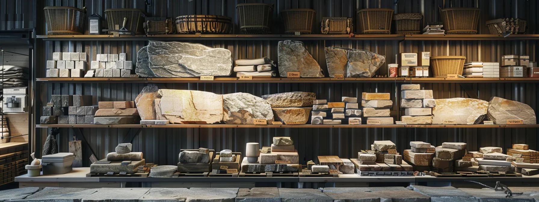 a meticulously arranged display of various high-quality stones and durable construction materials set on a sleek industrial workbench, illuminated by overhead lighting, emphasizes the essential components for building a robust stone retaining wall.