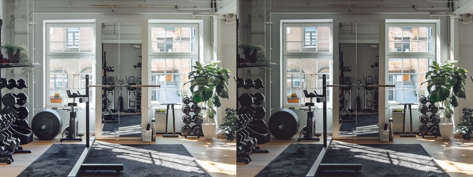 a meticulously arranged home gym features ergonomic workout equipment and strategically placed mirrors, showcasing a sleek, modern design that emphasizes optimal posture and balanced exercise routines.