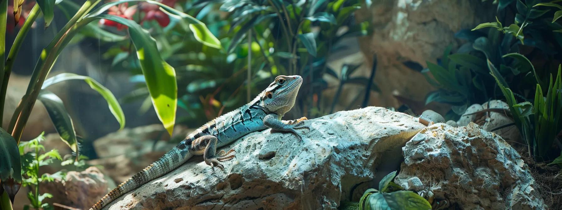 a meticulously arranged indoor terrarium showcases a vibrant lizard resting on a textured rock, surrounded by carefully designed habitat elements that emphasize the importance of proper enclosure conditions for pet care. a meticulously arranged indoor terrarium showcases a vibrant lizard resting on a textured rock, surrounded by carefully designed habitat elements that emphasize the importance of proper enclosure conditions for pet care.