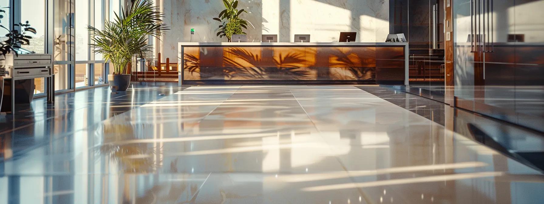 a meticulously arranged indoor space showcasing a stunning mosaic of polished tiles, with a sleek, modern cleaning setup and a backdrop of glossy cabinetry, emphasizing the importance of quality tile cleaning services.