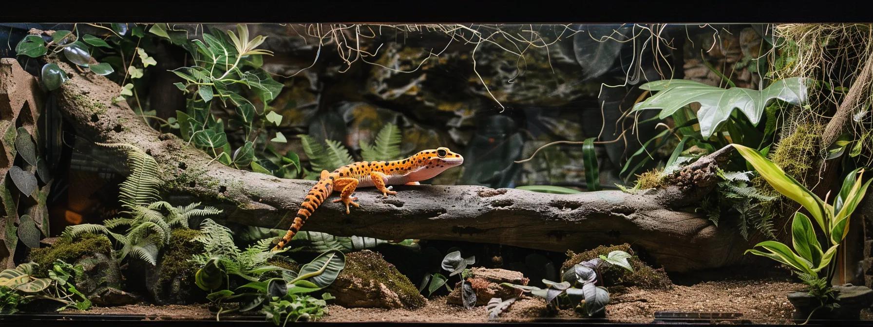 a meticulously arranged leopard gecko habitat in a brightly lit, modern terrarium showcases vibrant uvb lights, an effective heating gradient, and textured surfaces, highlighting the essential care and setup for the health of the reptile. a meticulously arranged leopard gecko habitat in a brightly lit, modern terrarium showcases vibrant uvb lights, an effective heating gradient, and textured surfaces, highlighting the essential care and setup for the health of the reptile.