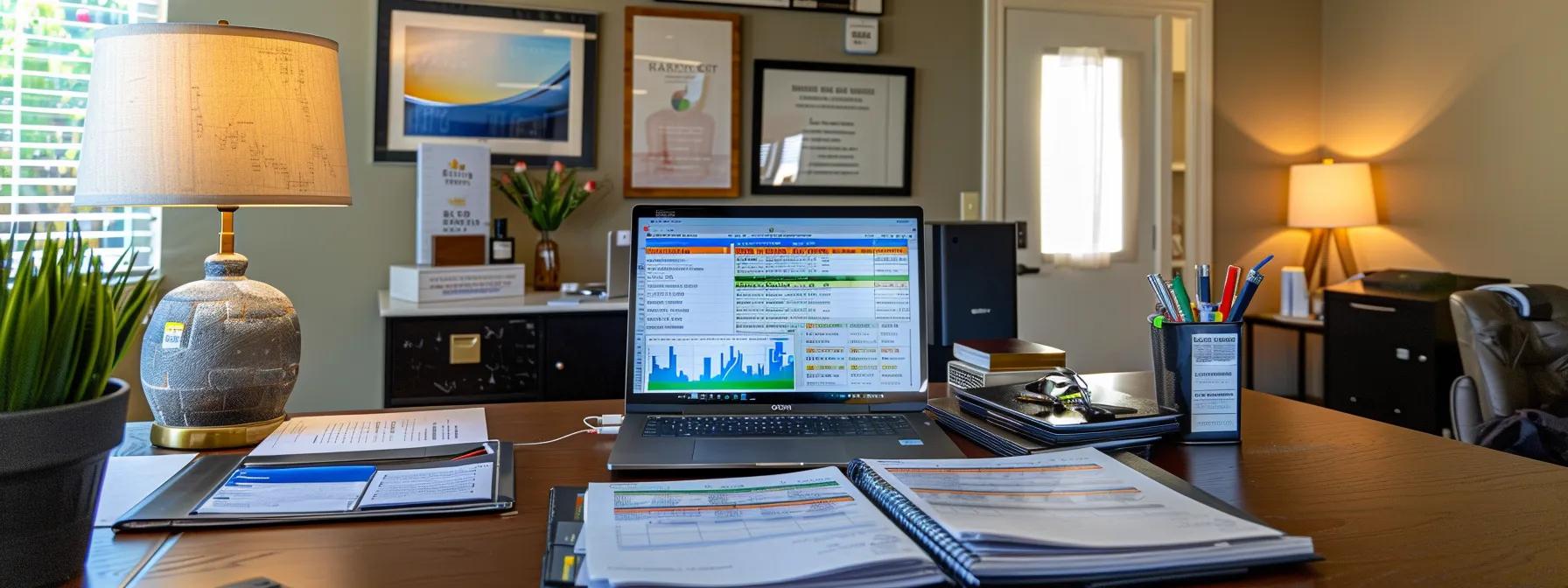 a meticulously arranged office desk displays a detailed real estate loan application package, complete with organized folders, a laptop showing financial graphs, and abundant paperwork, conveying the professionalism and preparation necessary for a successful fannie mae loan application.