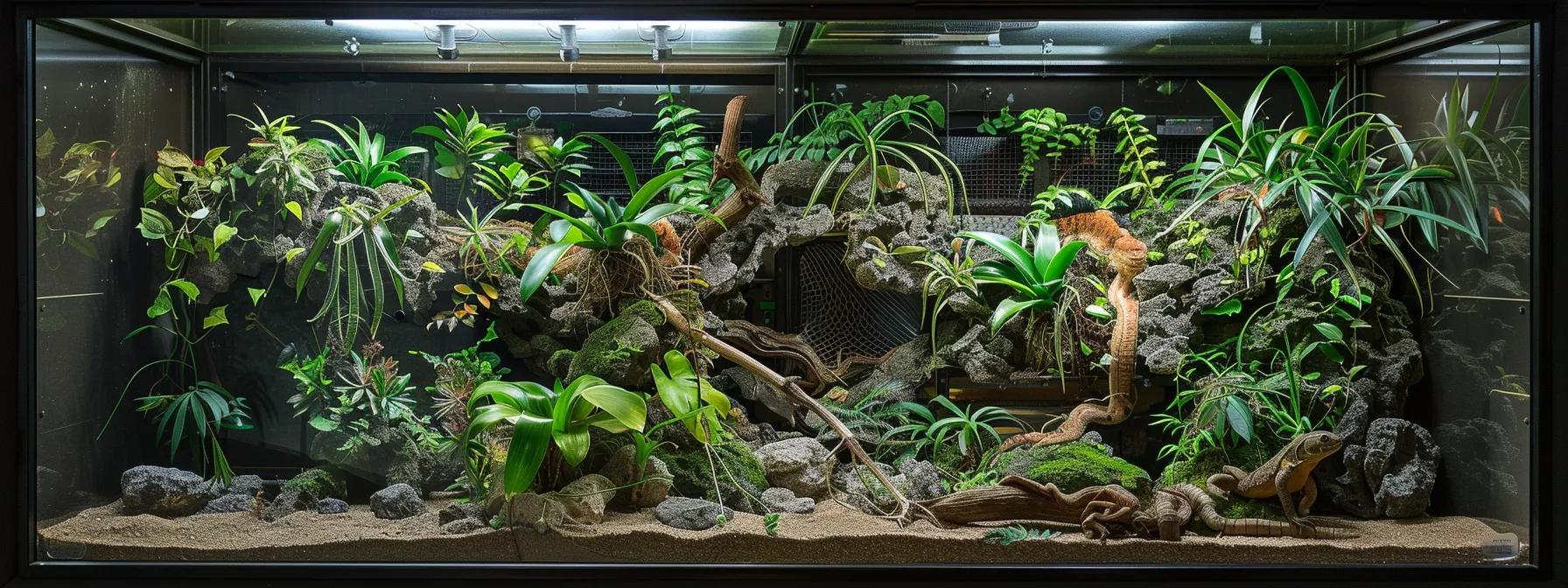 a meticulously arranged reptile habitat featuring layered substrates, equipped with temperature and humidity monitors, set against a sleek, modern terrarium backdrop that highlights the importance of optimal upkeep for reptile well-being. a meticulously arranged reptile habitat featuring layered substrates, equipped with temperature and humidity monitors, set against a sleek, modern terrarium backdrop that highlights the importance of optimal upkeep for reptile well-being.