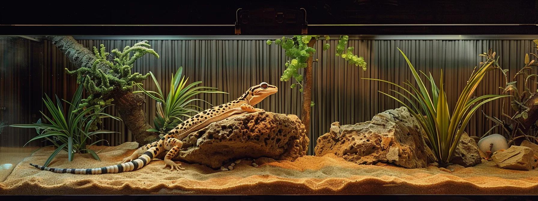 a meticulously arranged reptile habitat inside a modern terrarium, showcasing a vibrant leopard gecko basking under a warm, artificial light, surrounded by carefully chosen substrate and minimal decorative elements that highlight the importance of proper environmental conditions for its health. a meticulously arranged reptile habitat inside a modern terrarium, showcasing a vibrant leopard gecko basking under a warm, artificial light, surrounded by carefully chosen substrate and minimal decorative elements that highlight the importance of proper environmental conditions for its health.