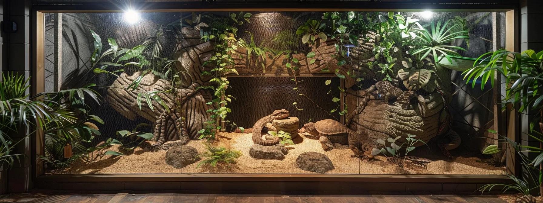 a meticulously arranged reptile enclosure showcases a spacious habitat, featuring diverse textures and tailored accessories that promote natural behaviors and enhance the well-being of the inhabitants, all illuminated by soft, focused lighting in a sleek, modern room. a meticulously arranged reptile enclosure showcases a spacious habitat, featuring diverse textures and tailored accessories that promote natural behaviors and enhance the well-being of the inhabitants, all illuminated by soft, focused lighting in a sleek, modern room.