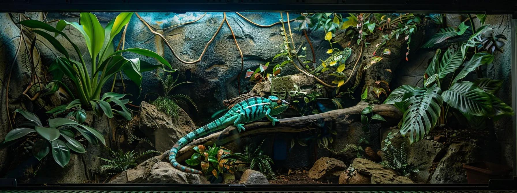 a meticulously arranged veiled chameleon habitat inside a modern terrarium, featuring innovative humidity control systems, adjustable ventilation grilles, and vivid chameleon colors creating a captivating display of reptilian life. a meticulously arranged veiled chameleon habitat inside a modern terrarium, featuring innovative humidity control systems, adjustable ventilation grilles, and vivid chameleon colors creating a captivating display of reptilian life.
