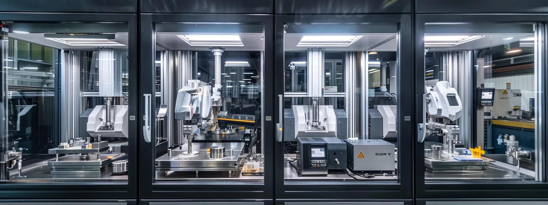 a meticulously arranged workspace showcases precision cnc machines and an array of polished metal and plastic samples, highlighting the diverse materials suitable for advanced machining processes under bright, industrial lighting.