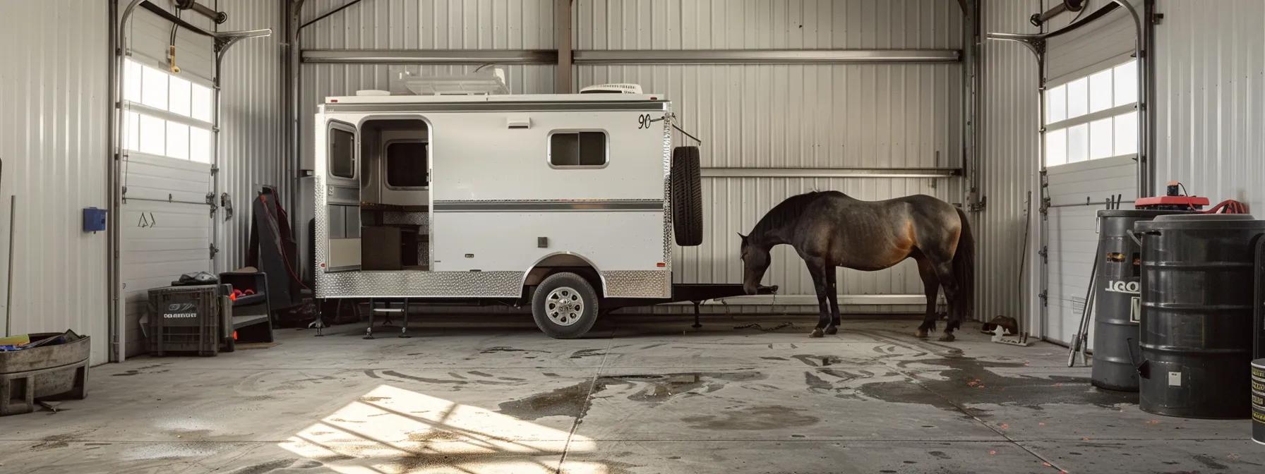 a meticulously cleaned bumper pull two-horse trailer stands in a bright, industrial garage, with a healthy horse calmly grazing beside it, showcasing the rigorous sanitation process leadfoot rentals employs for safe transport.