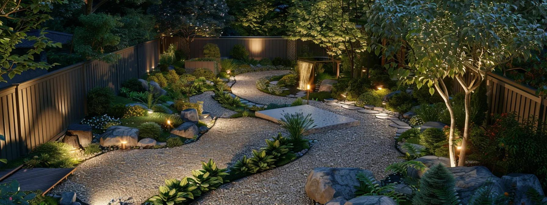 a meticulously designed outdoor garden layout showcases winding stone pathways, distinct functional zones, and harmonious integration of hardscape elements, all set against a modern urban backdrop, highlighting the balance between beauty and practicality in landscaping design. a meticulously designed outdoor garden layout showcases winding stone pathways, distinct functional zones, and harmonious integration of hardscape elements, all set against a modern urban backdrop, highlighting the balance between beauty and practicality in landscaping design.