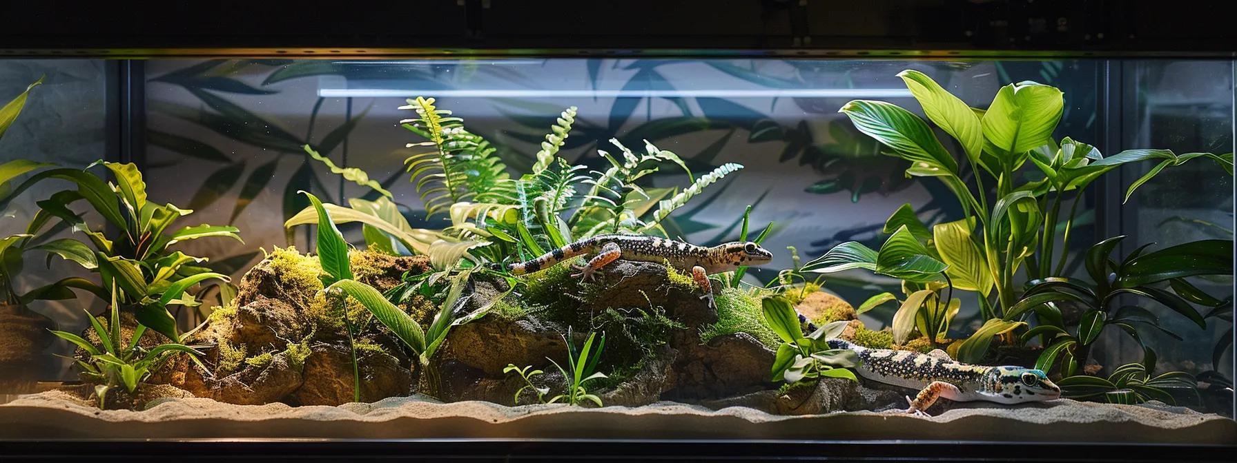 a meticulously designed reptile terrarium showcases a leopard gecko basking under a precise array of uvb and heat lamps, illustrating the essential balance of heating and lighting for its vibrant health and activity. a meticulously designed reptile terrarium showcases a leopard gecko basking under a precise array of uvb and heat lamps, illustrating the essential balance of heating and lighting for its vibrant health and activity.