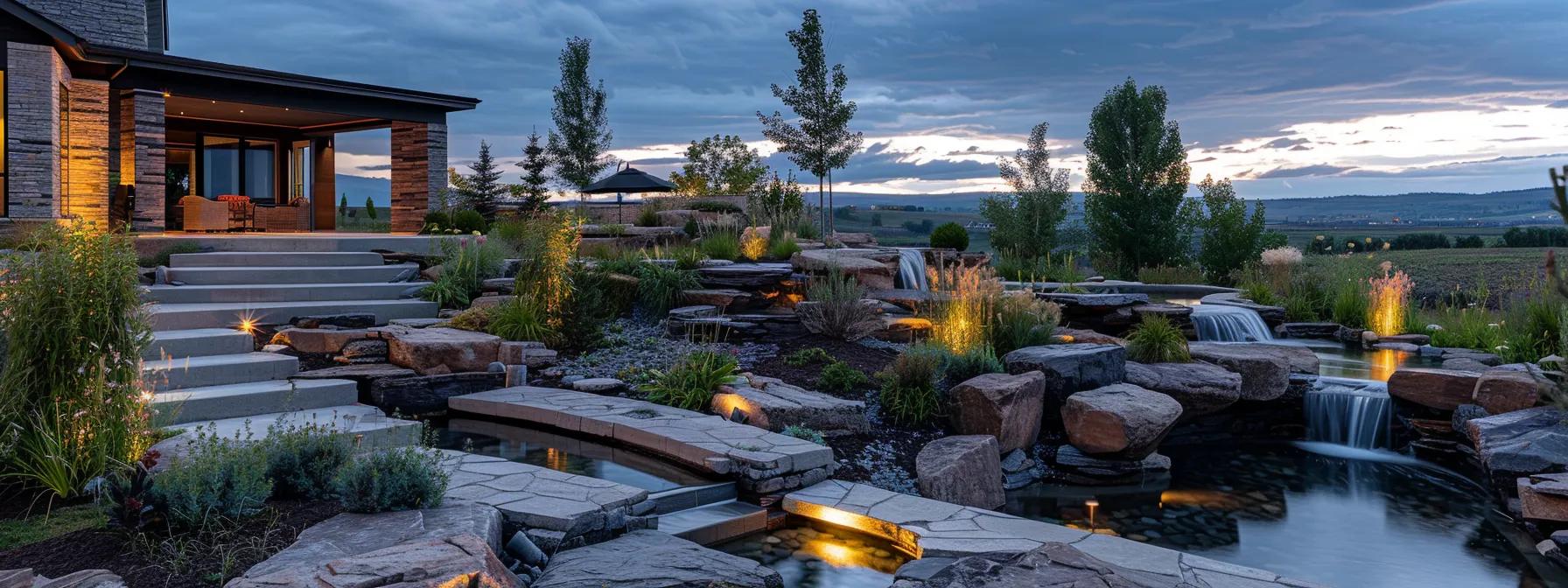 a meticulously designed residential landscape in idaho falls showcases a harmonious blend of elegant hardscaping, inviting outdoor living spaces, and tranquil water features, all enhanced by ambient lighting that highlights the landscape’s architectural beauty against a twilight urban backdrop. a meticulously designed residential landscape in idaho falls showcases a harmonious blend of elegant hardscaping, inviting outdoor living spaces, and tranquil water features, all enhanced by ambient lighting that highlights the landscape’s architectural beauty against a twilight urban backdrop.