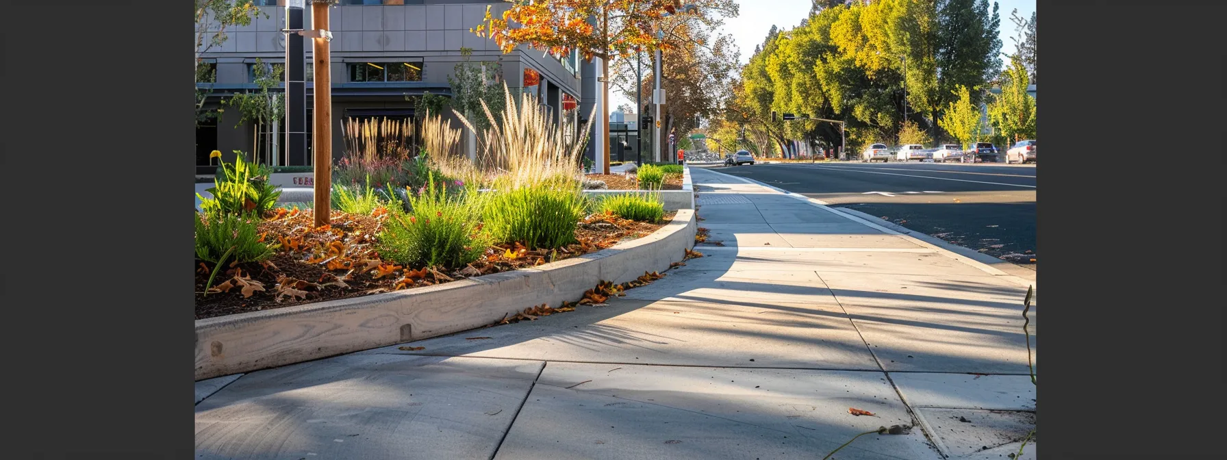 a meticulously designed urban curb scene highlights smooth concrete slabs and well-angled curb ramps, showcasing a clearly demarcated transition between the bustling sidewalk and roadway, emphasizing safety and accessibility in sacramento's infrastructure.