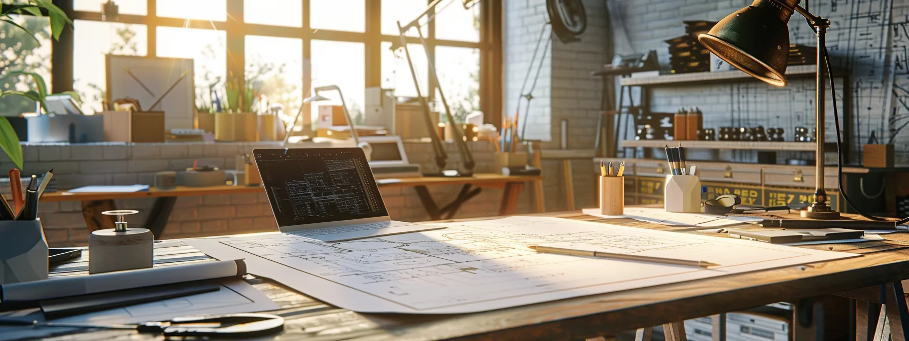 a meticulously detailed architectural workspace showcases a set of intricate blueprints, prominently featuring standardized line weights to clearly differentiate between structural and non-structural elements, with an organized array of drafting tools and a digital tablet in soft overhead lighting.