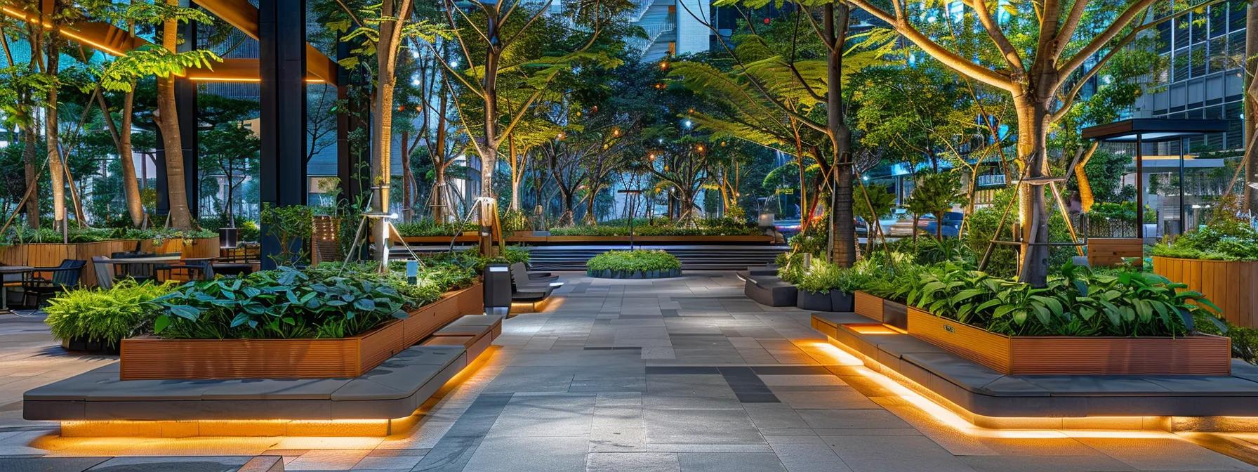 a meticulously landscaped urban plaza showcases vibrant, well-maintained trees surrounding inviting seating areas, creating a serene environment that promotes relaxation and mental well-being amidst the bustling city life. a meticulously landscaped urban plaza showcases vibrant, well-maintained trees surrounding inviting seating areas, creating a serene environment that promotes relaxation and mental well-being amidst the bustling city life.