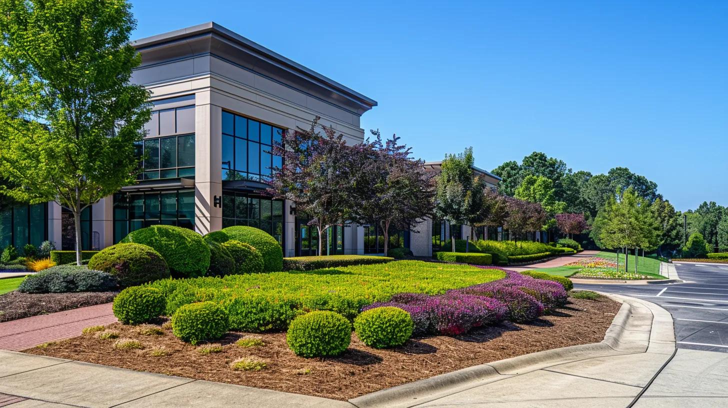 a meticulously maintained commercial landscape surrounds an inviting alpharetta business entrance, showcasing vibrant shrubs and a pristine lawn, all under a clear blue sky that emphasizes the importance of professional maintenance for optimal curb appeal. a meticulously maintained commercial landscape surrounds an inviting alpharetta business entrance, showcasing vibrant shrubs and a pristine lawn, all under a clear blue sky that emphasizes the importance of professional maintenance for optimal curb appeal.