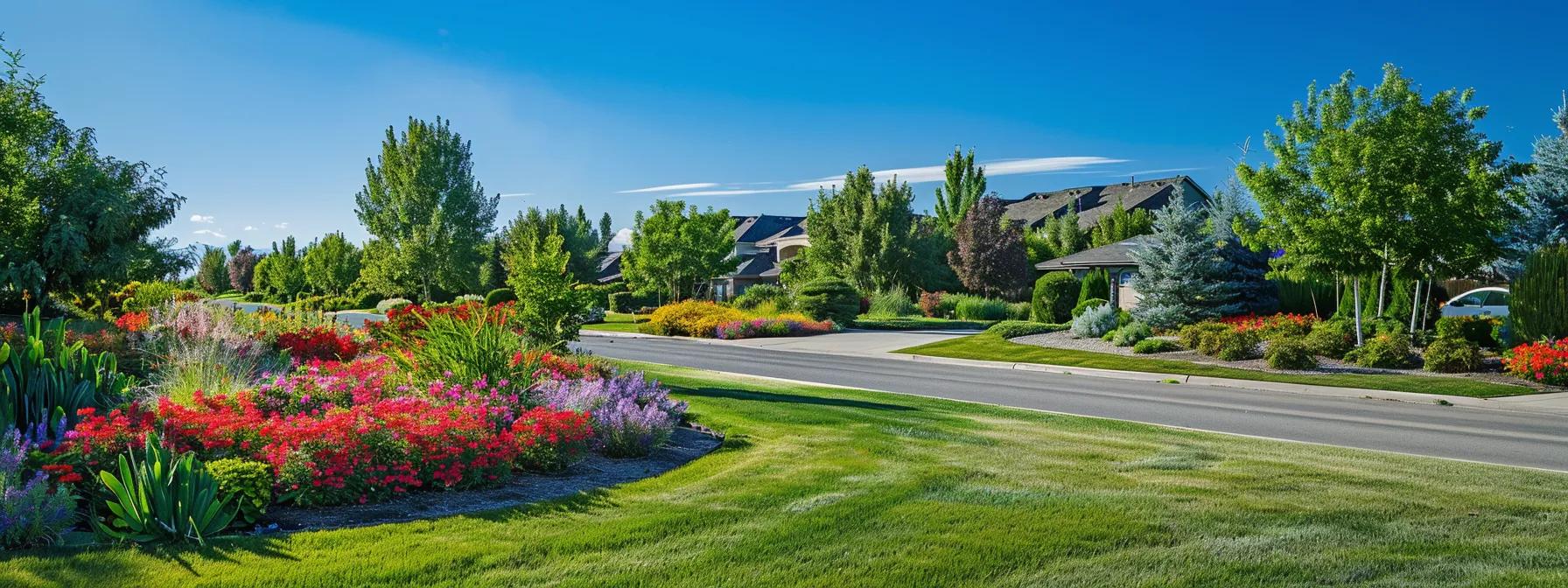 a meticulously maintained residential landscape in an idaho falls neighborhood, featuring well-trimmed shrubs, vibrant flower beds, and a strategically placed irrigation system, all under a clear blue sky to capture the essence of year-round outdoor care. a meticulously maintained residential landscape in an idaho falls neighborhood, featuring well-trimmed shrubs, vibrant flower beds, and a strategically placed irrigation system, all under a clear blue sky to capture the essence of year-round outdoor care.