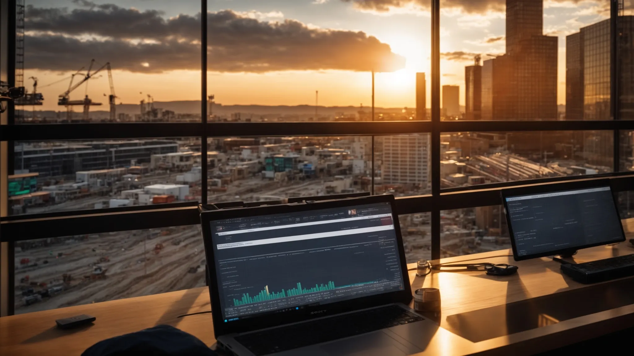 a meticulously organized construction site at sunset showcases a gleaming budget management chart on a digital screen, highlighting the success of efficient expense tracking and proactive subcontractor communication. a meticulously organized construction site at sunset showcases a gleaming budget management chart on a digital screen, highlighting the success of efficient expense tracking and proactive subcontractor communication.