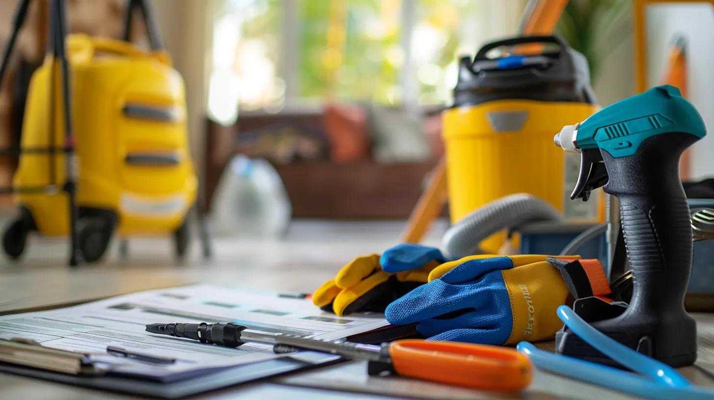 a meticulously organized home maintenance workspace, showcasing a detailed cleaning checklist on a clipboard, alongside tools and equipment such as a ladder, vacuum, and gloves, all set against the backdrop of a well-maintained living area.