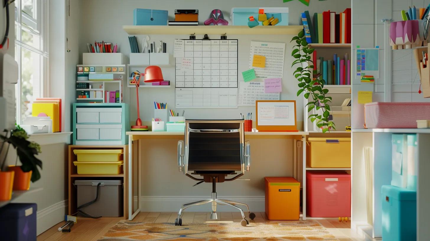 a meticulously organized home office showcases a shiny, clean workspace with neatly arranged school supplies, colorful storage bins, and a large checklist prominently displayed, emphasizing preparation for a fresh school year.