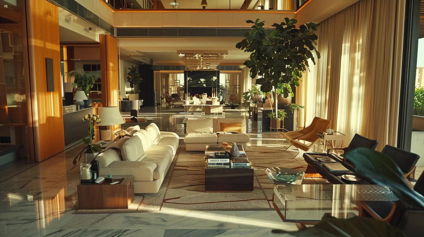 a meticulously organized indoor space showcases a modern living room, featuring gleaming surfaces and neatly arranged furniture, highlighting the elegance of a post-party cleanup with a focus on cleanliness and order.