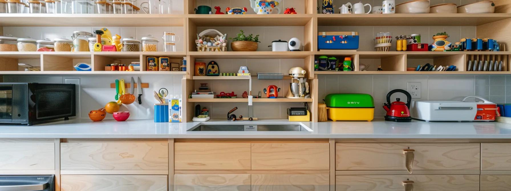 a meticulously organized kitchen showcases innovative babyproofing solutions, including secure cabinet latches and safety devices, ensuring a safety-first environment for toddlers amidst a modern, sleek design. a meticulously organized kitchen showcases innovative babyproofing solutions, including secure cabinet latches and safety devices, ensuring a safety-first environment for toddlers amidst a modern, sleek design.