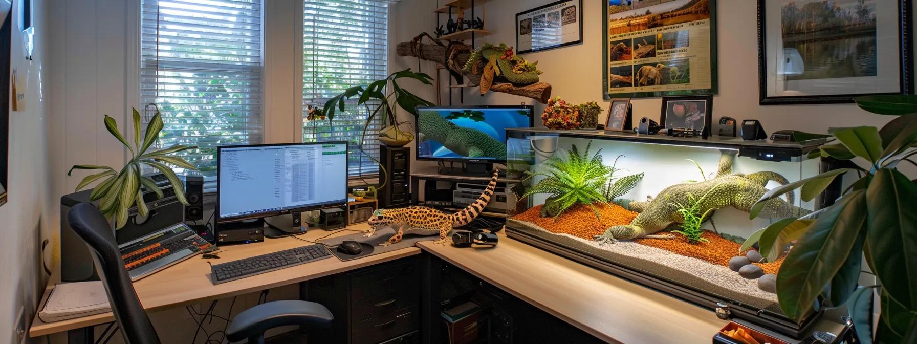 a meticulously organized leopard gecko habitat in a modern home office, featuring a clean terrarium with vibrant substrate, controlled lighting, and essential monitoring equipment, showcasing the importance of proper care and maintenance for reptile health. a meticulously organized leopard gecko habitat in a modern home office, featuring a clean terrarium with vibrant substrate, controlled lighting, and essential monitoring equipment, showcasing the importance of proper care and maintenance for reptile health.