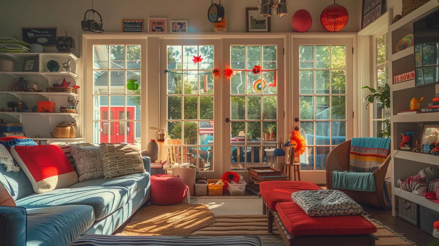 a meticulously organized living room, adorned with festive decorations and cleaning supplies, captures the essence of balancing home maintenance and memorial weekend festivities, with vibrant hues of red, white, and blue creating an inviting atmosphere for family gatherings.