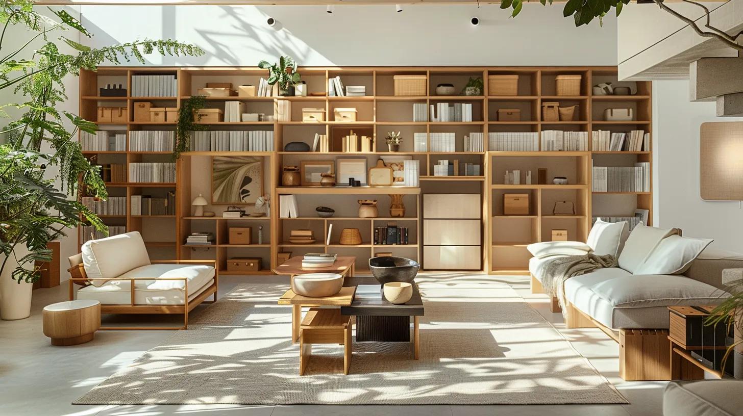 a meticulously organized modern living space showcases modular storage solutions and multi-functional furniture, creating a serene environment that balances aesthetic appeal with functional layouts for decluttering after summer chaos.