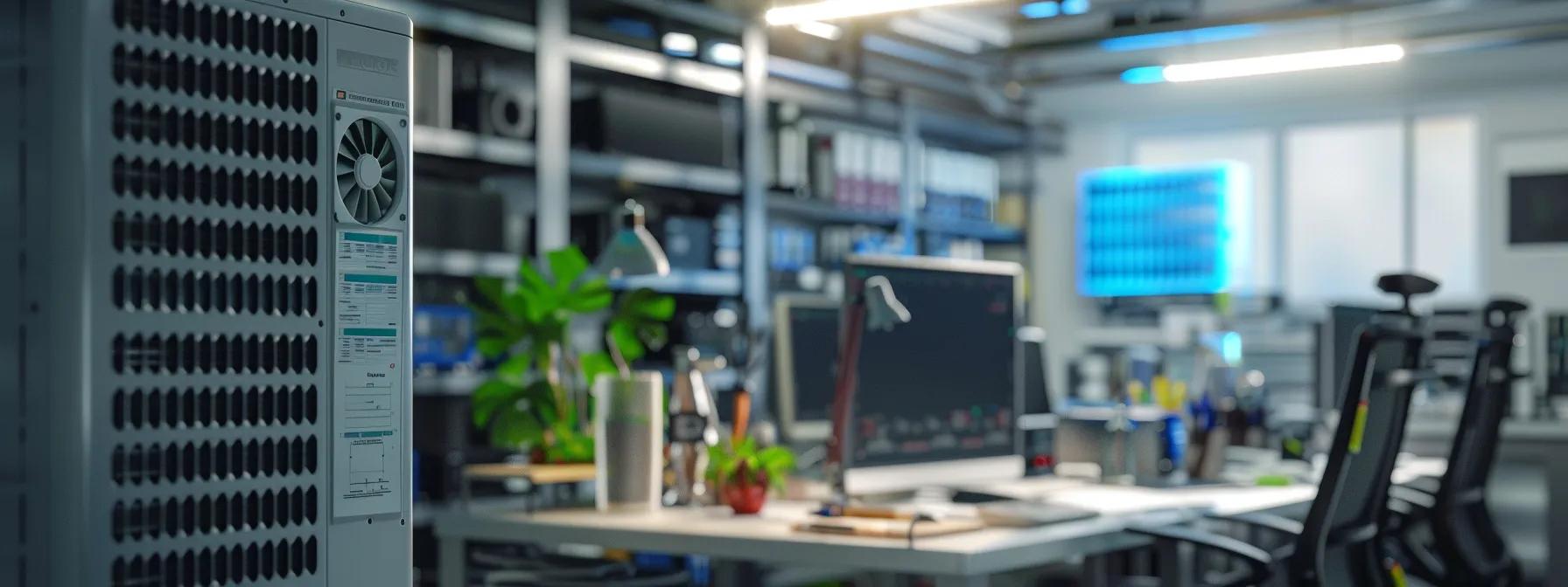 a meticulously organized office workspace features a prominently displayed kenwood air conditioning unit undergoing detailed inspection, highlighting a comprehensive maintenance checklist pinned on a clipboard, with an emphasis on precision tools and equipment in the background.