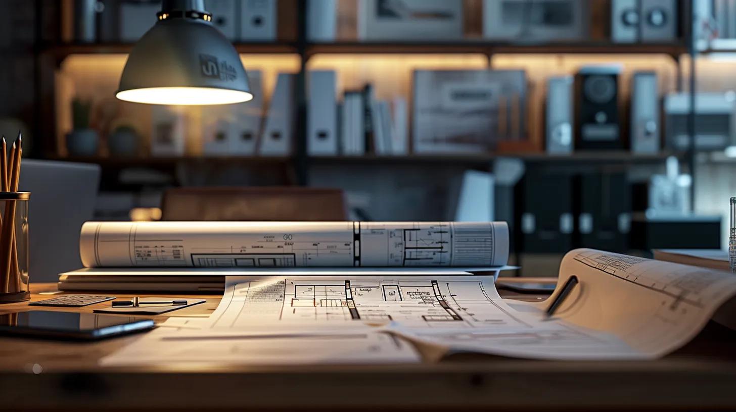 a meticulously organized office workspace features a large blueprint of a home design prominently displayed on a sleek desk, surrounded by neatly arranged files labeled with permits and inspection schedules, all illuminated by professional overhead lighting to emphasize the importance of compliance in construction projects. a meticulously organized office workspace features a large blueprint of a home design prominently displayed on a sleek desk, surrounded by neatly arranged files labeled with permits and inspection schedules, all illuminated by professional overhead lighting to emphasize the importance of compliance in construction projects.