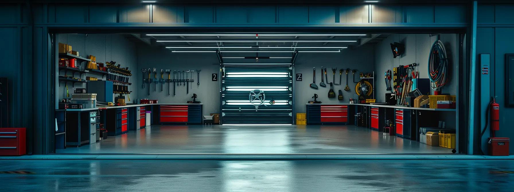 a meticulously organized residential garage showcases an open garage door, emphasizing well-maintained door mechanisms and essential tools neatly arranged, highlighting the concept of preventative care in a bright, modern setting. a meticulously organized residential garage showcases an open garage door, emphasizing well-maintained door mechanisms and essential tools neatly arranged, highlighting the concept of preventative care in a bright, modern setting.