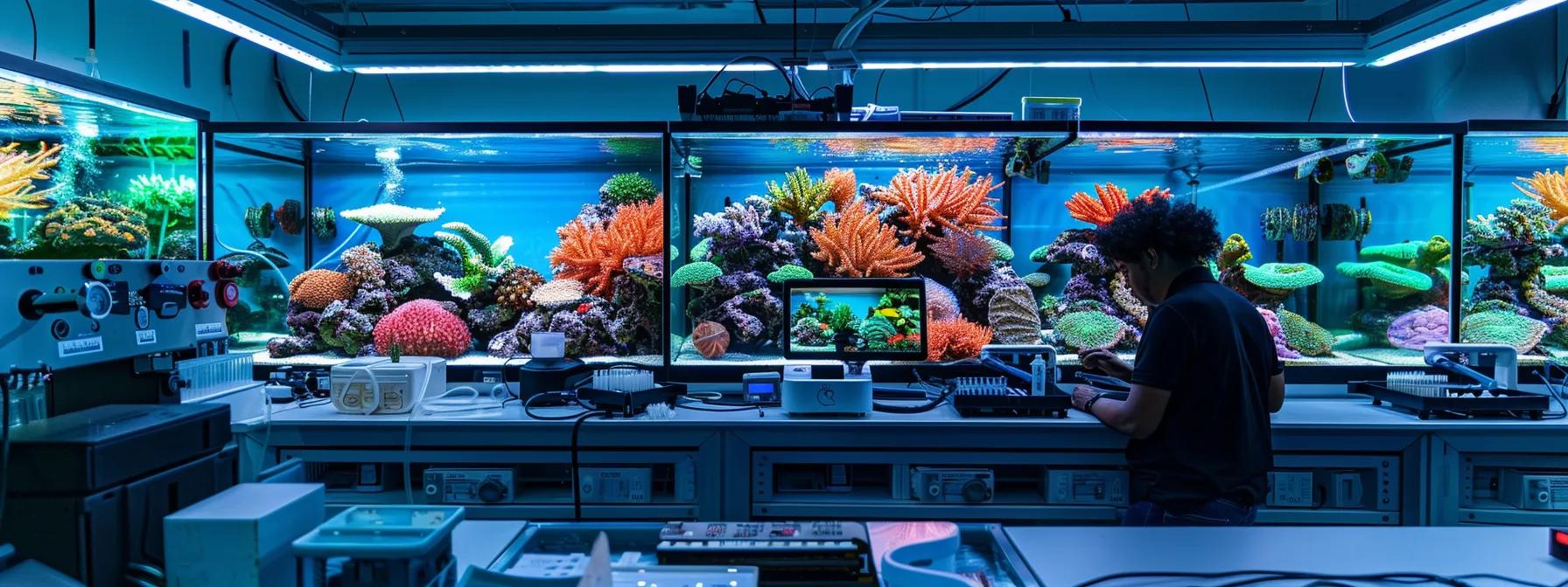 a meticulously organized saltwater aquarium lab setting shows high-tech water testing equipment and vibrant coral displays, highlighting the importance of precision in managing water chemistry for marine life health.