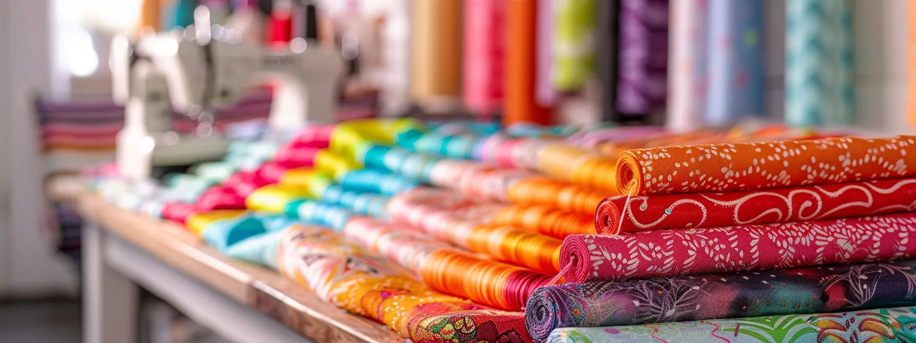a meticulously organized sewing station showcases vibrant jelly roll fabric strips neatly arranged, with a sewing machine poised for action, highlighting the art of precision in strip cutting and seam pressing against a backdrop of colorful quilting patterns.