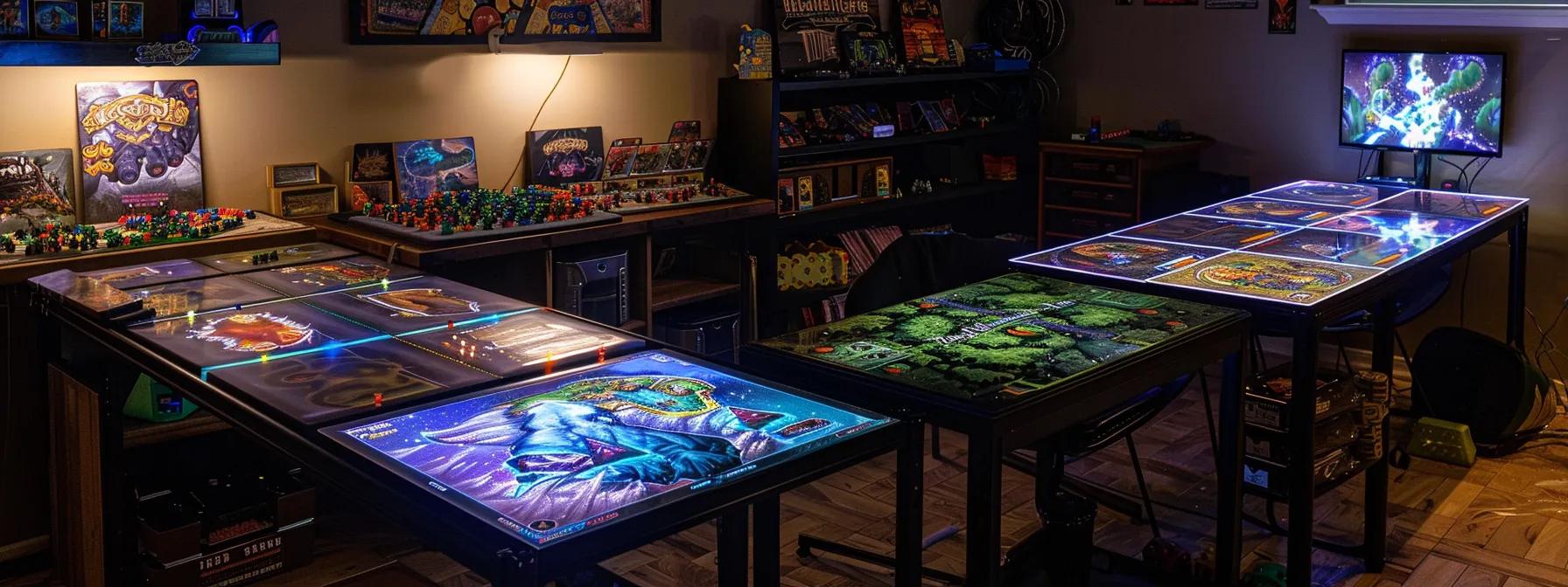 a meticulously organized tabletop gaming setup, featuring neatly arranged game pieces and vibrant boards, illuminated by warm overhead lighting that enhances the immersive atmosphere of an engaging gaming session. a meticulously organized tabletop gaming setup, featuring neatly arranged game pieces and vibrant boards, illuminated by warm overhead lighting that enhances the immersive atmosphere of an engaging gaming session.