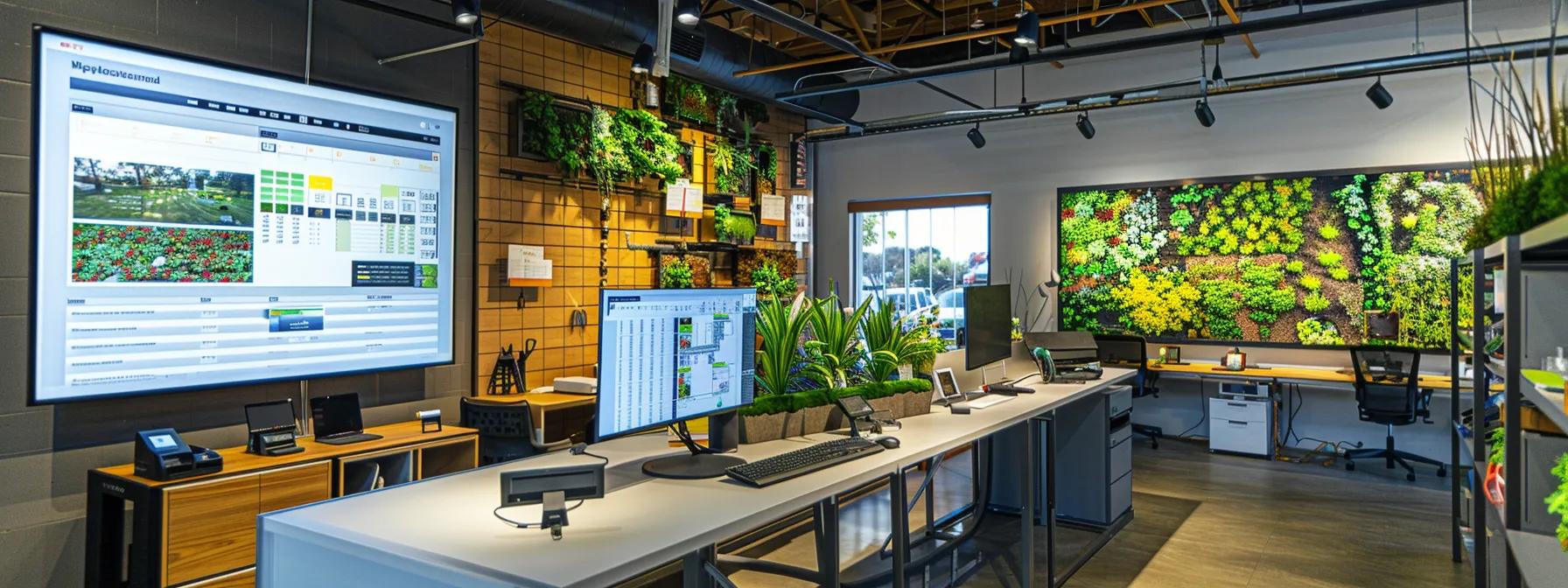 a meticulously organized urban landscaping office, featuring a modern workspace with large plans of vibrant lawns and gardens on display, tools neatly arranged, and a digital calendar highlighting a detailed maintenance schedule for optimal lawn care.