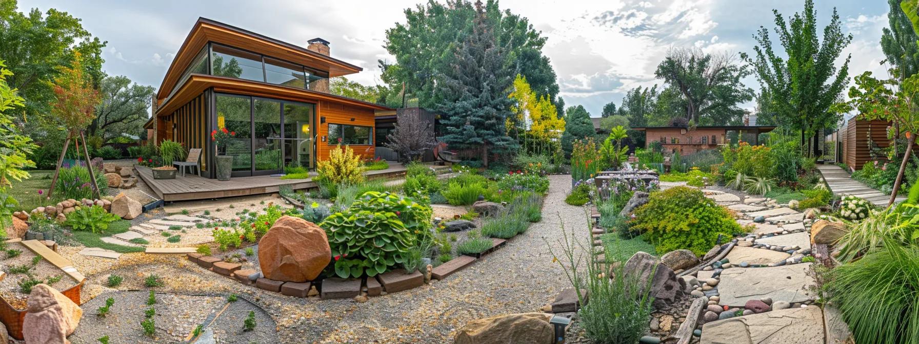 a meticulously organized urban garden showcases sustainable design principles with strategically placed native plants, eco-friendly materials, and efficient water conservation systems, all set against a backdrop of contemporary architecture. a meticulously organized urban garden showcases sustainable design principles with strategically placed native plants, eco-friendly materials, and efficient water conservation systems, all set against a backdrop of contemporary architecture.