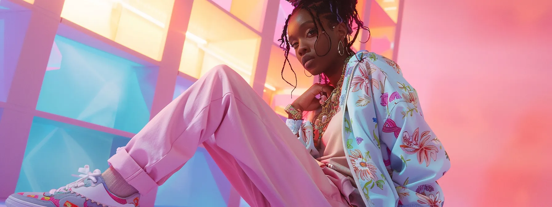 a model wearing stacked joggers paired with a pastel windbreaker, minimalist jewelry, and floral-patterned sneakers, creating a trendy and fresh spring outfit. a model wearing stacked joggers paired with a pastel windbreaker, minimalist jewelry, and floral-patterned sneakers, creating a trendy and fresh spring outfit.