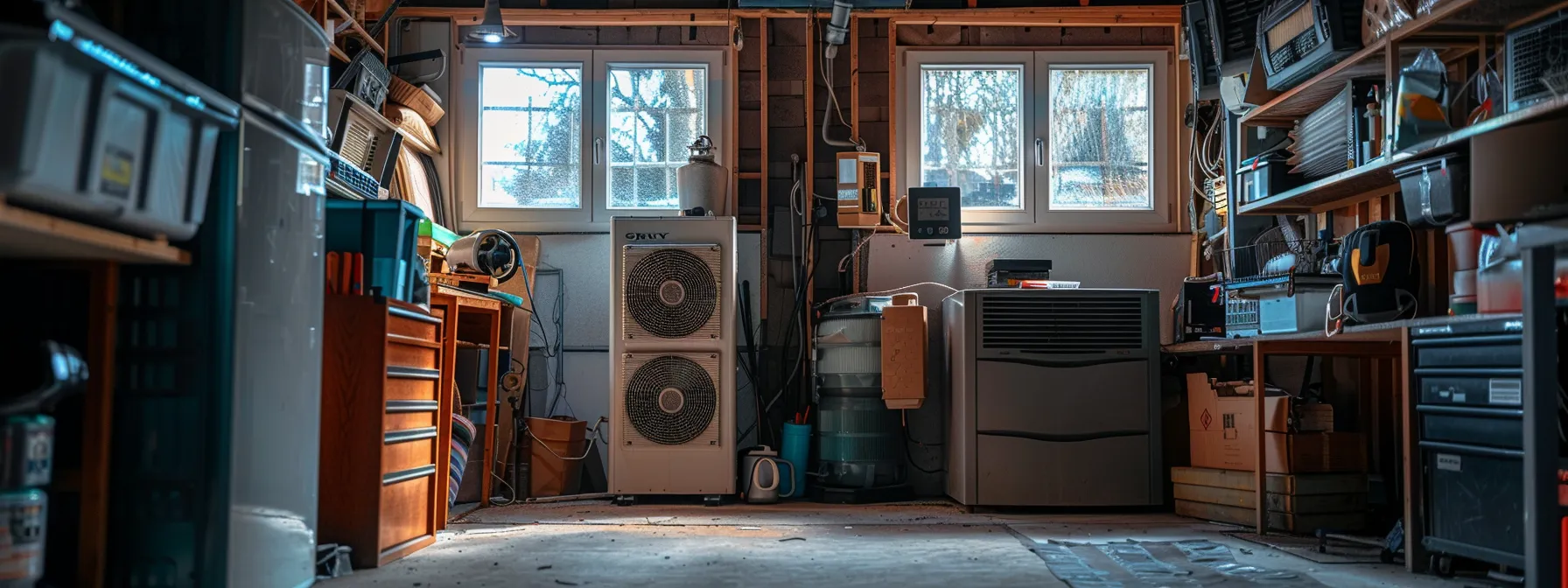a modern ac unit being inspected by a technician in a cluttered garage. a modern ac unit being inspected by a technician in a cluttered garage.