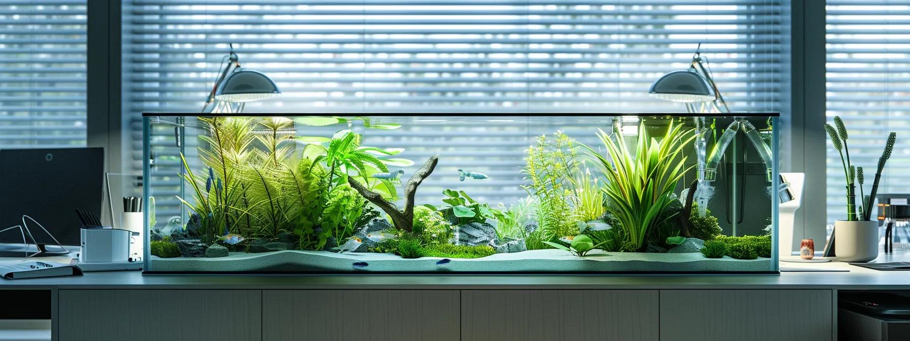 a modern aquarium setup in a sleek, minimalist office environment displays a water-filling process with a high-tech water conditioner prominently featured, while a precise thermometer monitors the water temperature, emphasizing the importance of dechlorination for aquatic life. a modern aquarium setup in a sleek, minimalist office environment displays a water-filling process with a high-tech water conditioner prominently featured, while a precise thermometer monitors the water temperature, emphasizing the importance of dechlorination for aquatic life.