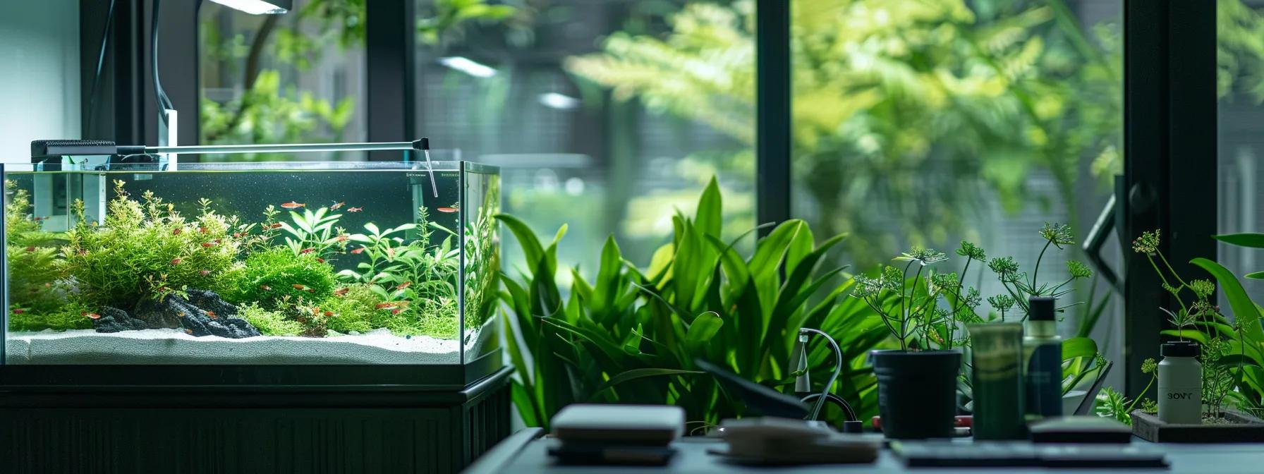 a modern aquarium setup in a well-lit room, featuring crystal-clear water contrasted with cloudy sections, surrounded by aquarium maintenance tools, highlighting the importance of water quality and filtration. a modern aquarium setup in a well-lit room, featuring crystal-clear water contrasted with cloudy sections, surrounded by aquarium maintenance tools, highlighting the importance of water quality and filtration.