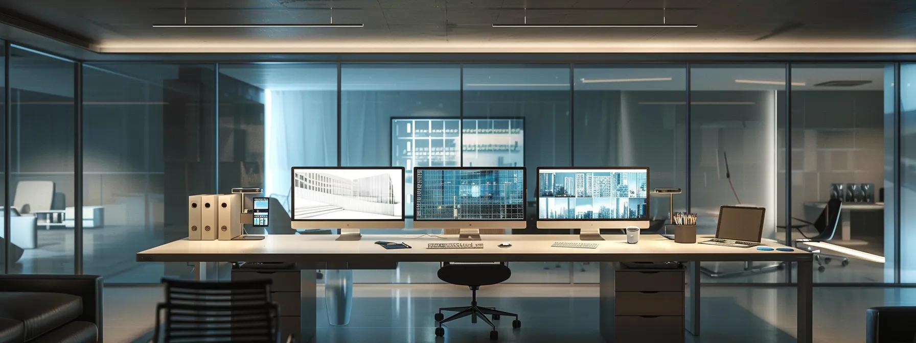 a modern architect's office showcases a sleek workspace featuring dual monitors displaying intricate 3d architectural models, illuminated by bright, artificial lighting against a backdrop of minimalist design and sophisticated technology.