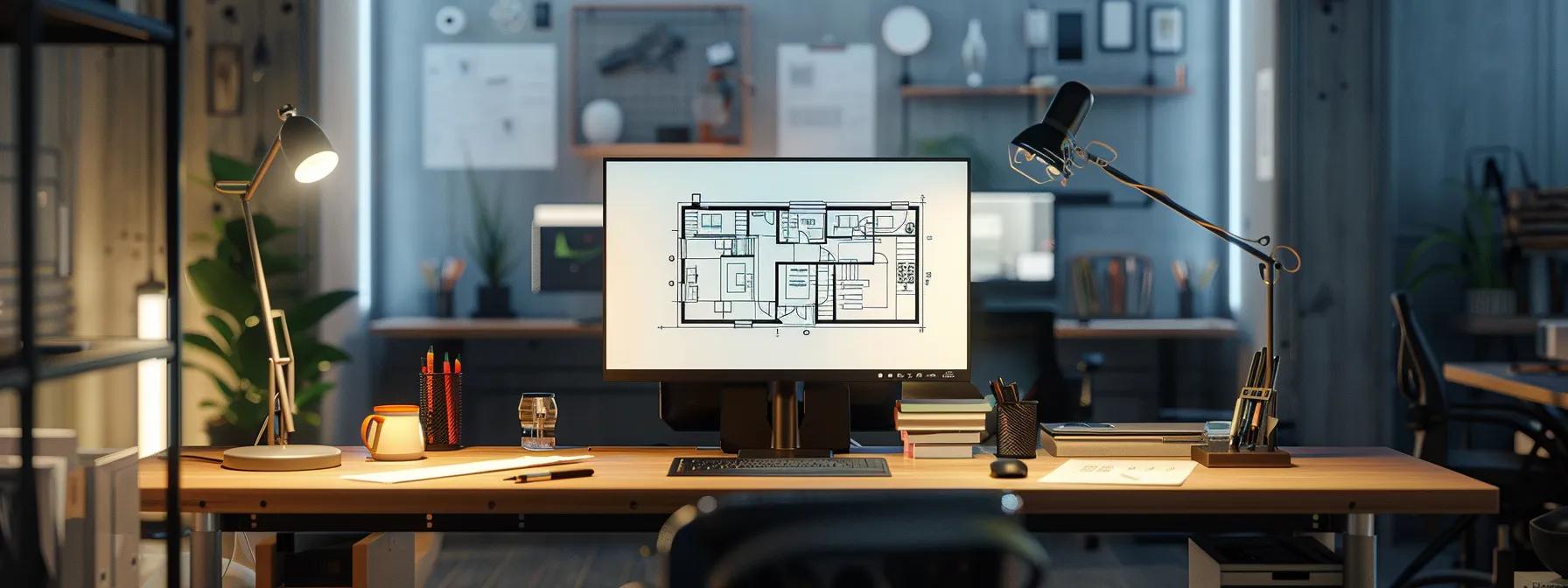 a modern architect's office with a sleek digital workspace featuring a large monitor displaying intricate revit floor plans, organized levels, and grids, illuminated by bright overhead lighting that enhances the clarity of a collaborative project setup.