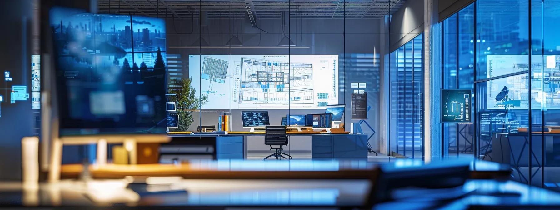 a modern architectural office workspace featuring a large digital display showcasing a detailed revit project setup, with organized project folders and view templates clearly visible on the screen, illuminated by focused led lighting to emphasize the sophisticated collaborative environment.