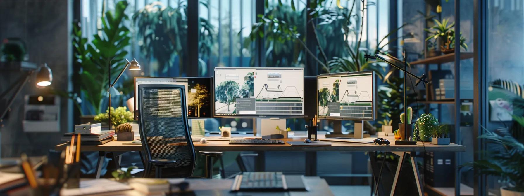 a modern architectural studio buzzes with activity, featuring sleek computers displaying vibrant 3d modeling software interfaces, illuminated by focused task lighting that highlights the innovative design tools at work.